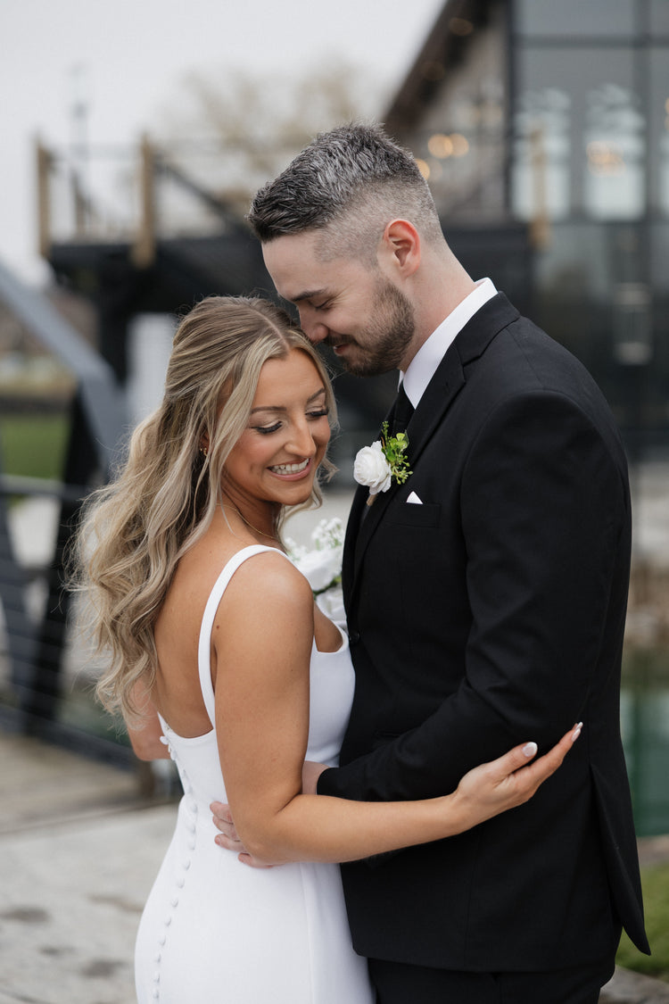 Bride and groom portrait industrial wedding venue Upstate New York Gemma gown